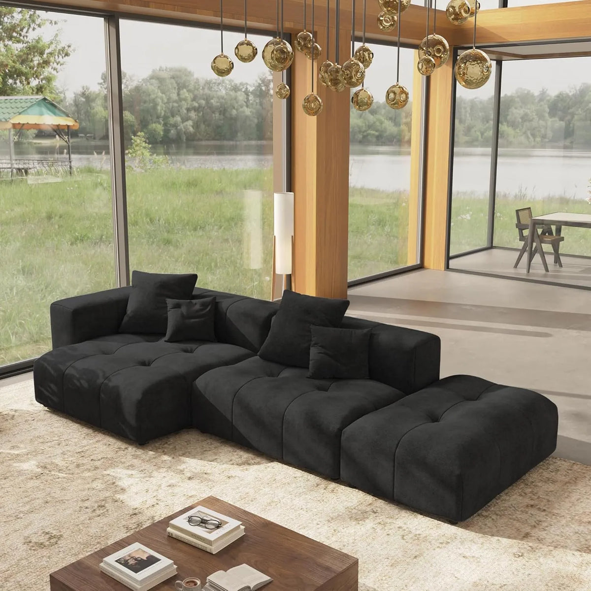 Matrix 2-Seater Chaise Sectional in Black Linen | 3-Piece (Includes 1 Ottoman), Lounge Room Seating, Modular Design