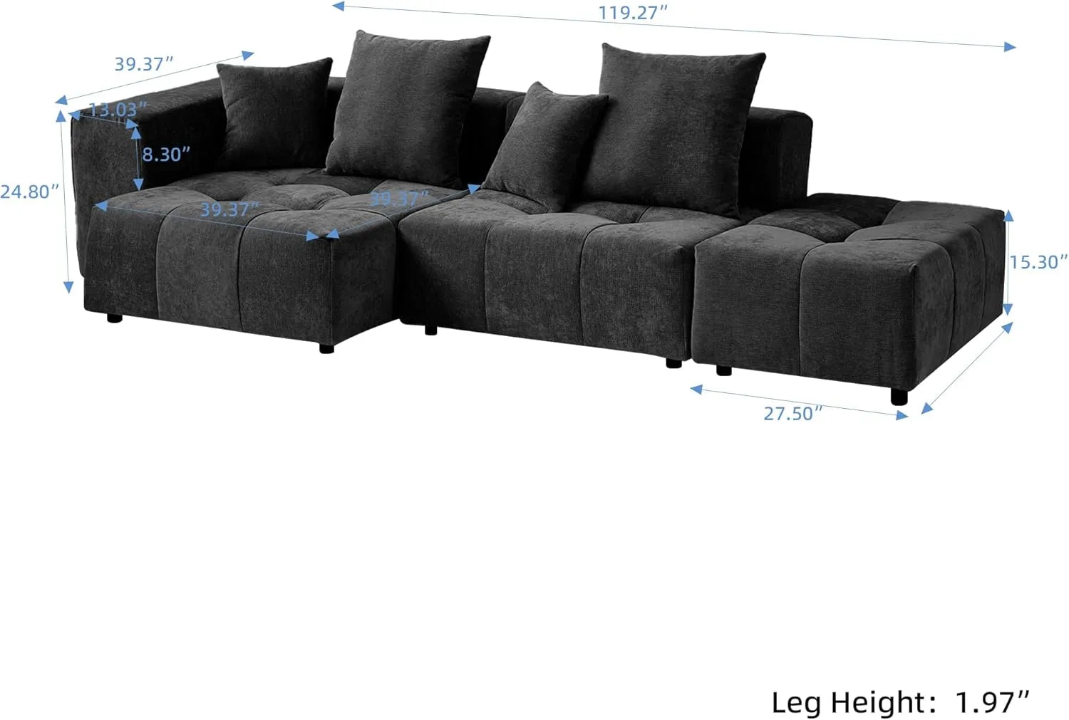 Sofá seccional Matrix de 2 plazas con chaise longue en lino negro | 3 piezas (incluye 1 otomana), Asientos para salón, Diseño modular