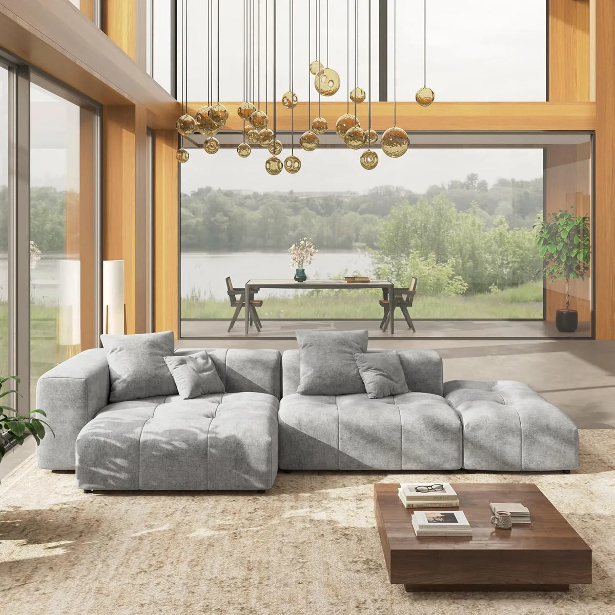 Matrix 2-Seater Light-Grey Chaise Sectional | 3-Piece (Includes 1 Ottoman), Linen Fabric, Lounge Room Seating