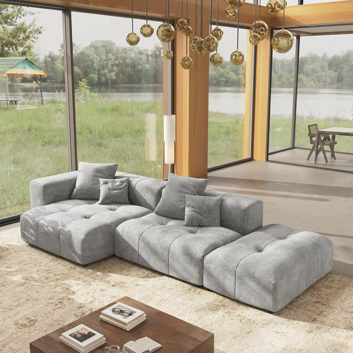 Matrix 2-Seater Light-Grey Chaise Sectional | 3-Piece (Includes 1 Ottoman), Linen Fabric, Lounge Room Seating