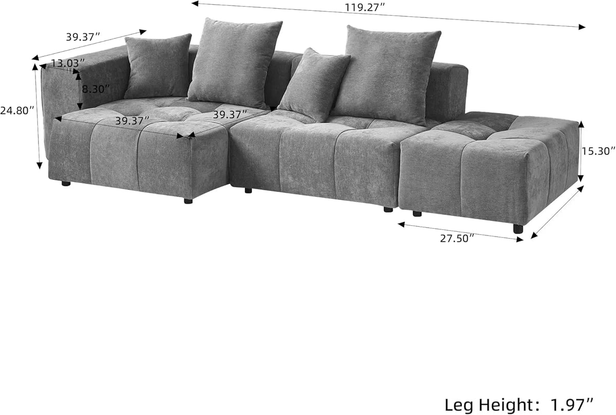 Matrix 2-Seater Light-Grey Chaise Sectional | 3-Piece (Includes 1 Ottoman), Linen Fabric, Lounge Room Seating