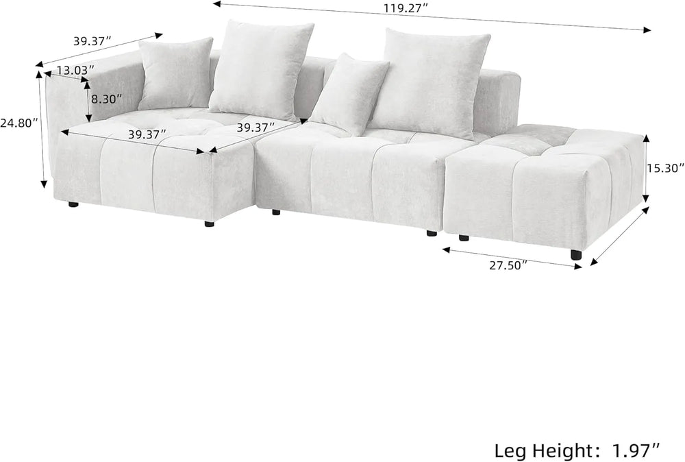 Matrix Classic Modular Sofas | White Cotton and Linen Loveseats 2-seaters with 1 Ottoman