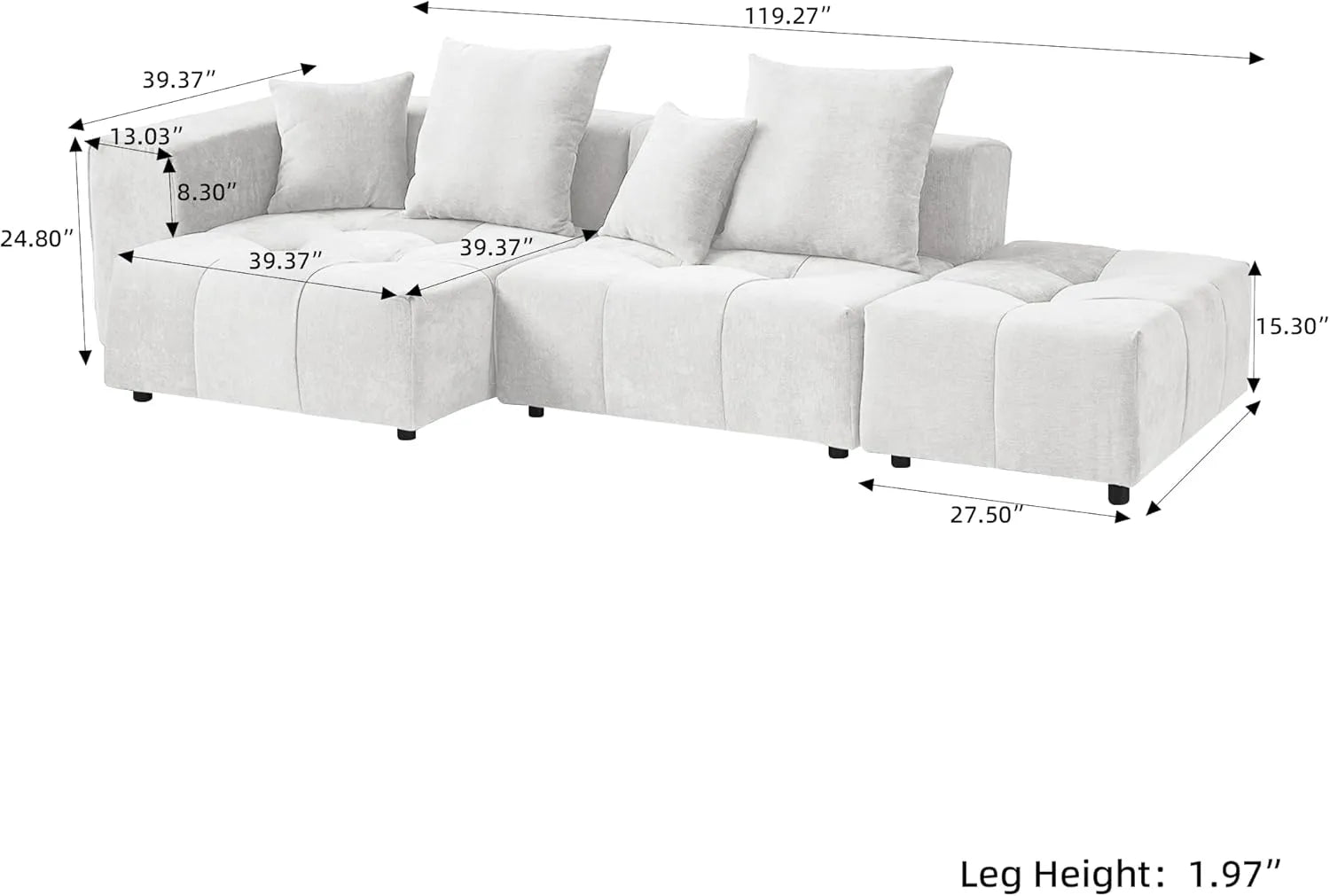 Seccional Matrix de 2 plazas con chaise longue, color blanco | 3 piezas (incluye 1 otomana), tela de lino, asientos para sala de estar