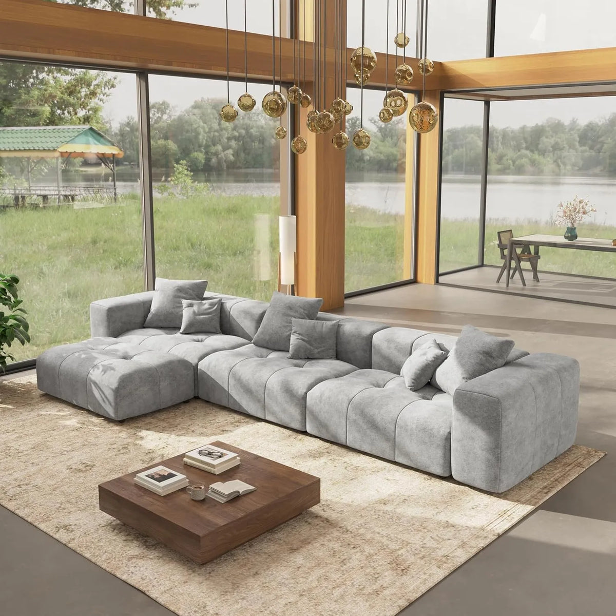 Matrix 3-Seater Light-Grey Sofa Set | 4-Piece (Includes 1 Ottoman), Linen Fabric