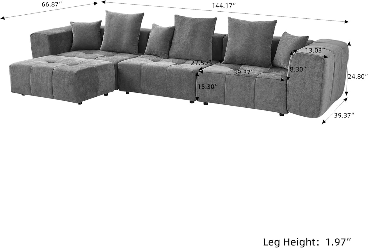 Matrix 3-Seater Light-Grey Sofa Set | 4-Piece (Includes 1 Ottoman), Linen Fabric
