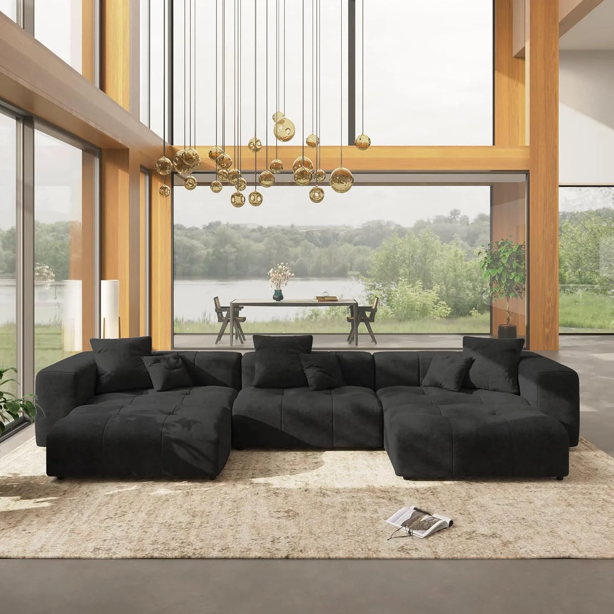 Matrix 3-Seater Black U-Shaped Sectional | 5-Piece (Includes 2 Ottomans), Linen Fabric, Family Room Seating