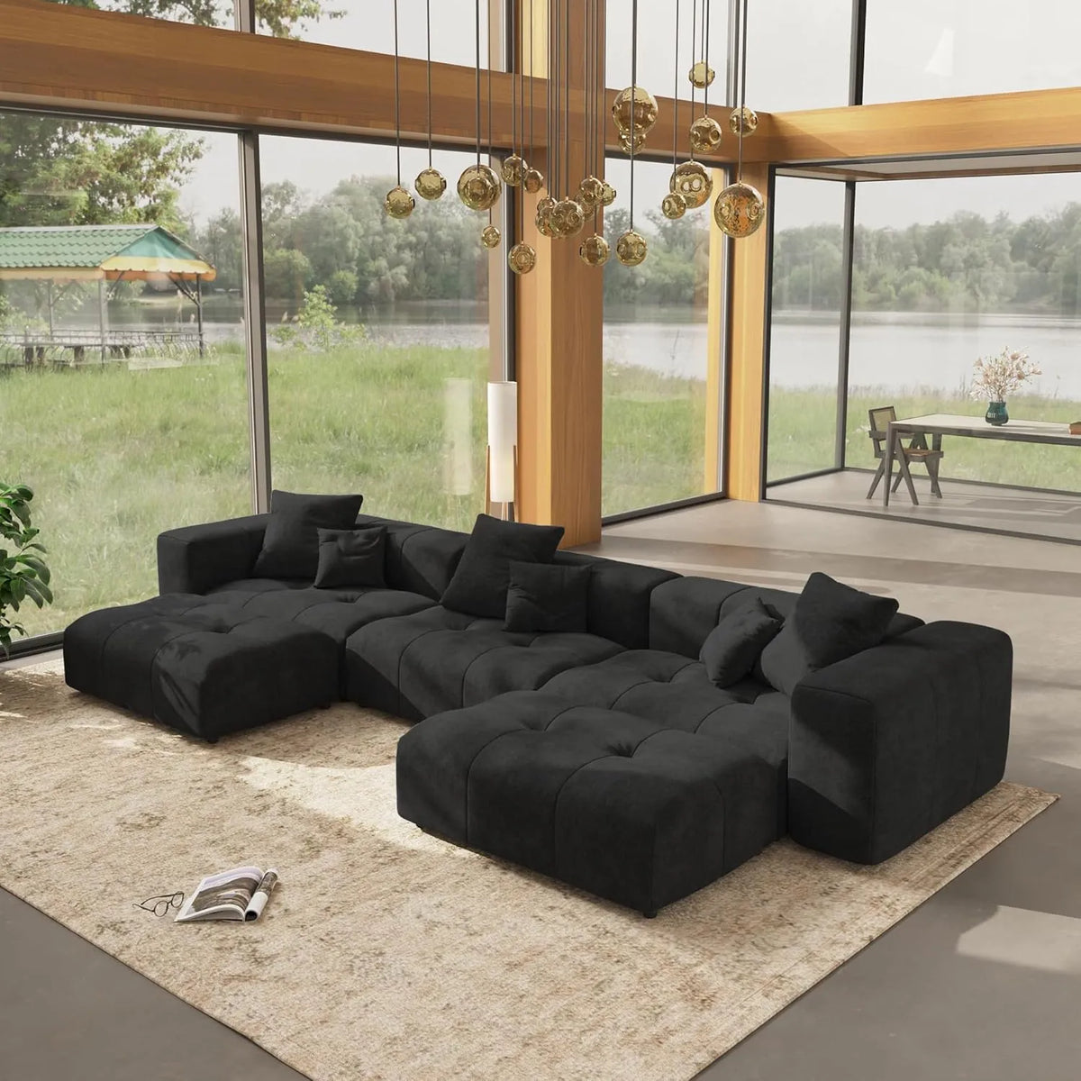 Matrix 3-Seater Black U-Shaped Sectional | 5-Piece (Includes 2 Ottomans), Linen Fabric, Family Room Seating