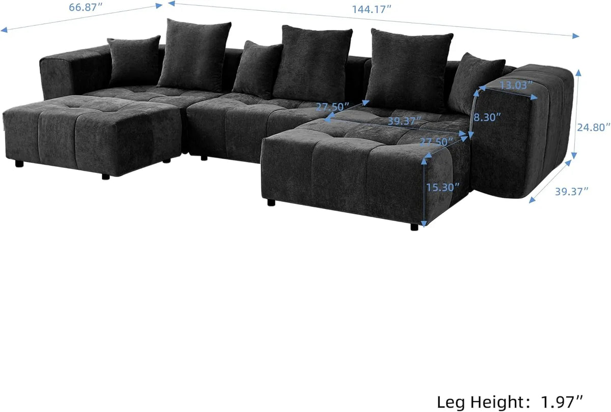 Matrix 3-Seater Black U-Shaped Sectional | 5-Piece (Includes 2 Ottomans), Linen Fabric, Family Room Seating