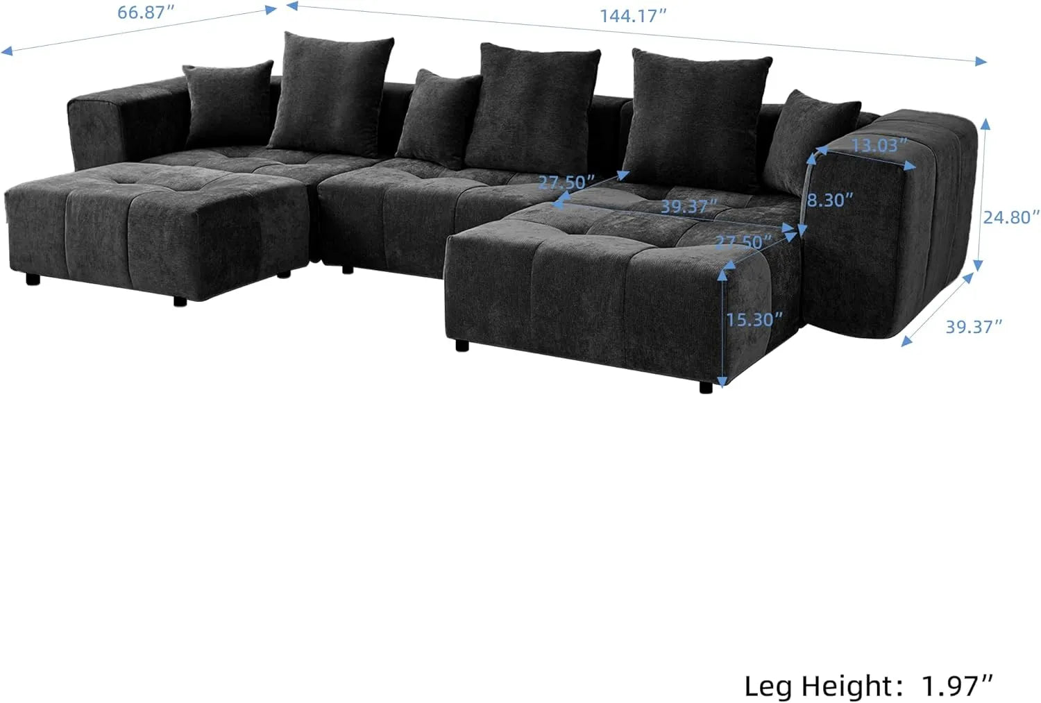 Sofá seccional Matrix de 3 plazas en forma de U, color negro | 5 piezas (incluye 2 otomanas), tela de lino, asientos para sala familiar