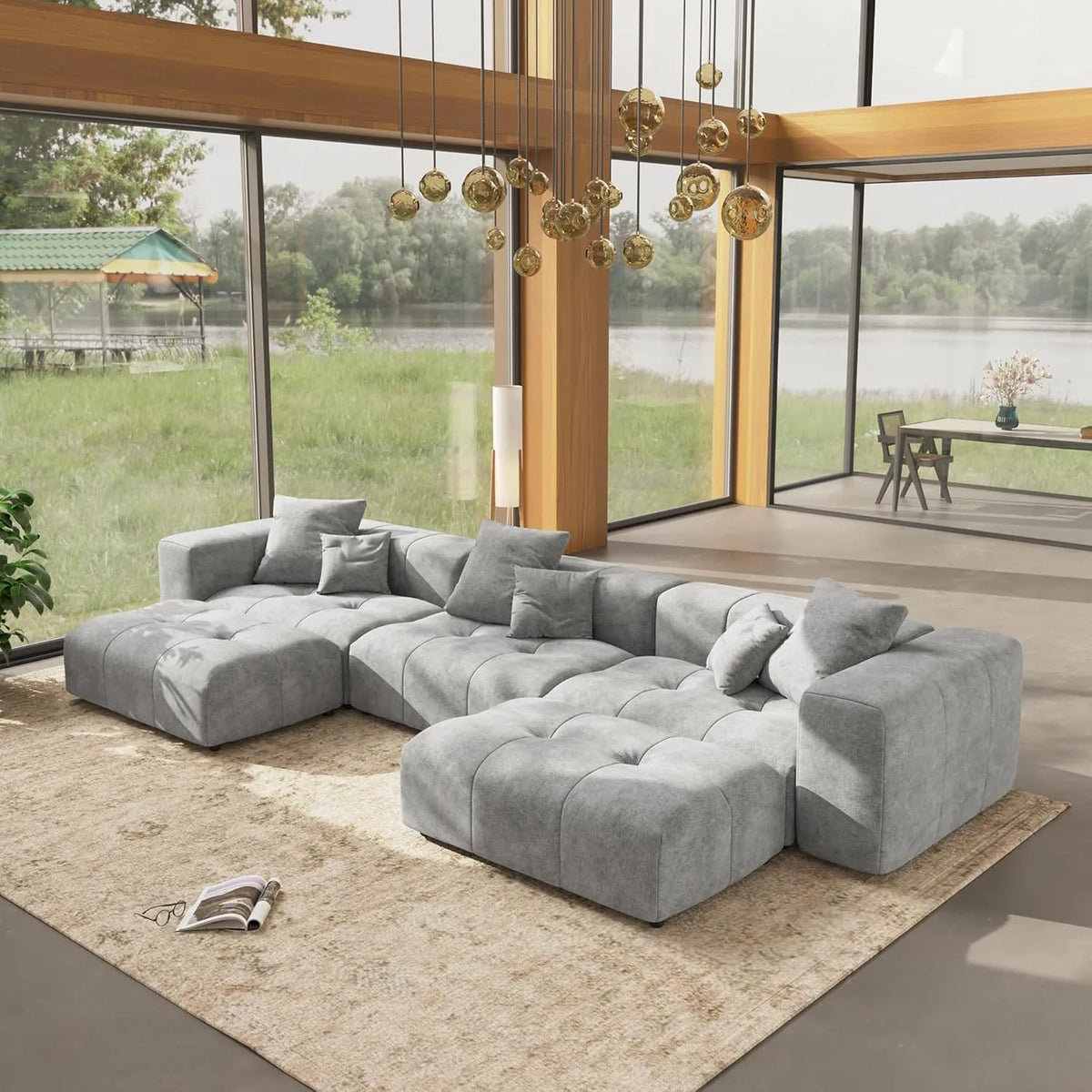 Matrix 3-Seater U-Shaped Sectional in Light-Grey Linen | 5-Piece (Includes 2 Ottomans), Family Room Seating, Stylish Design