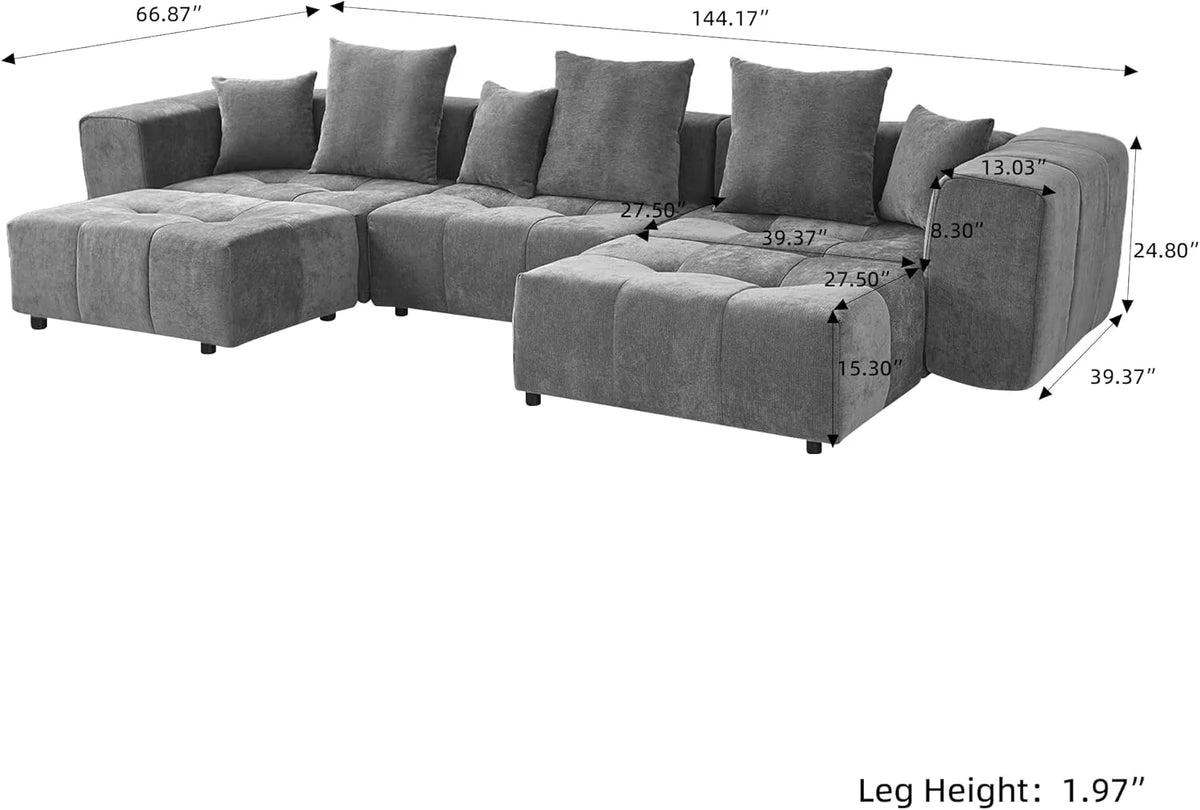 Matrix 3-Seater U-Shaped Sectional in Light-Grey Linen | 5-Piece (Includes 2 Ottomans), Family Room Seating, Stylish Design