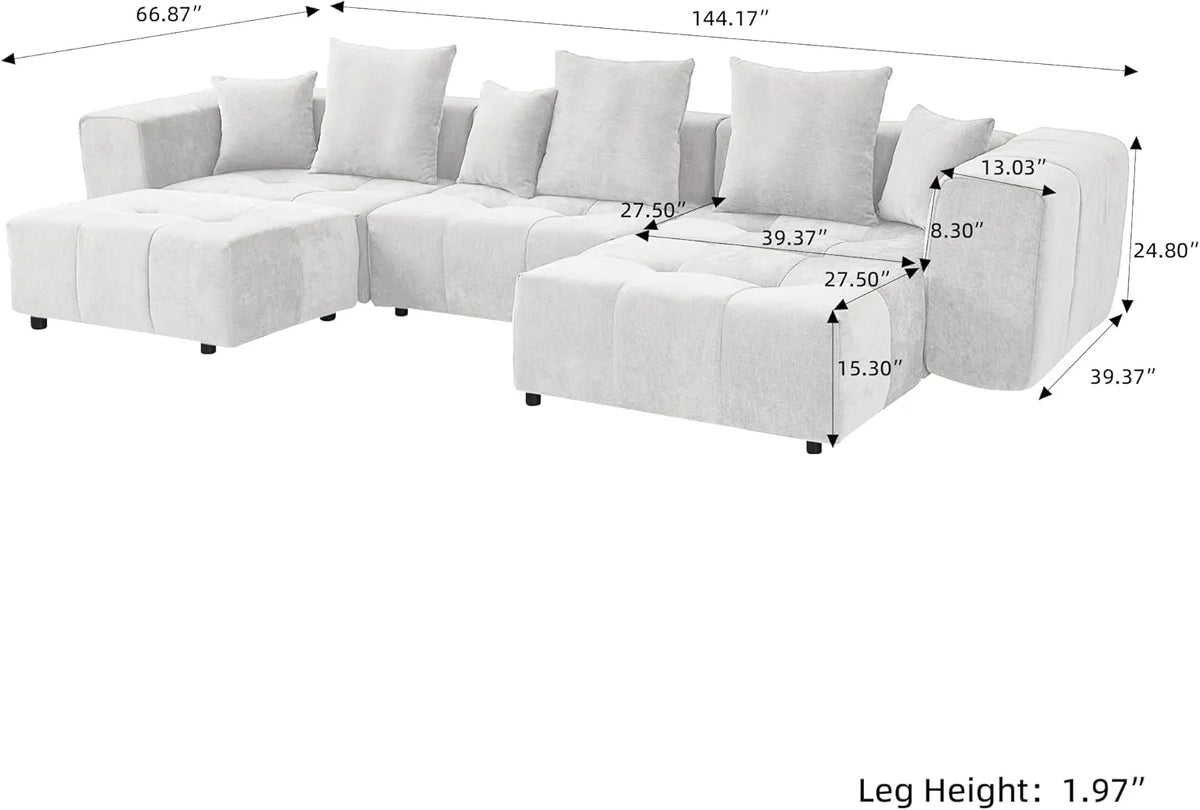 Matrix 3-Seater U-Shaped Sectional in White Linen | 5-Piece (Includes 2 Ottomans), Family Room Seating, Modular Design