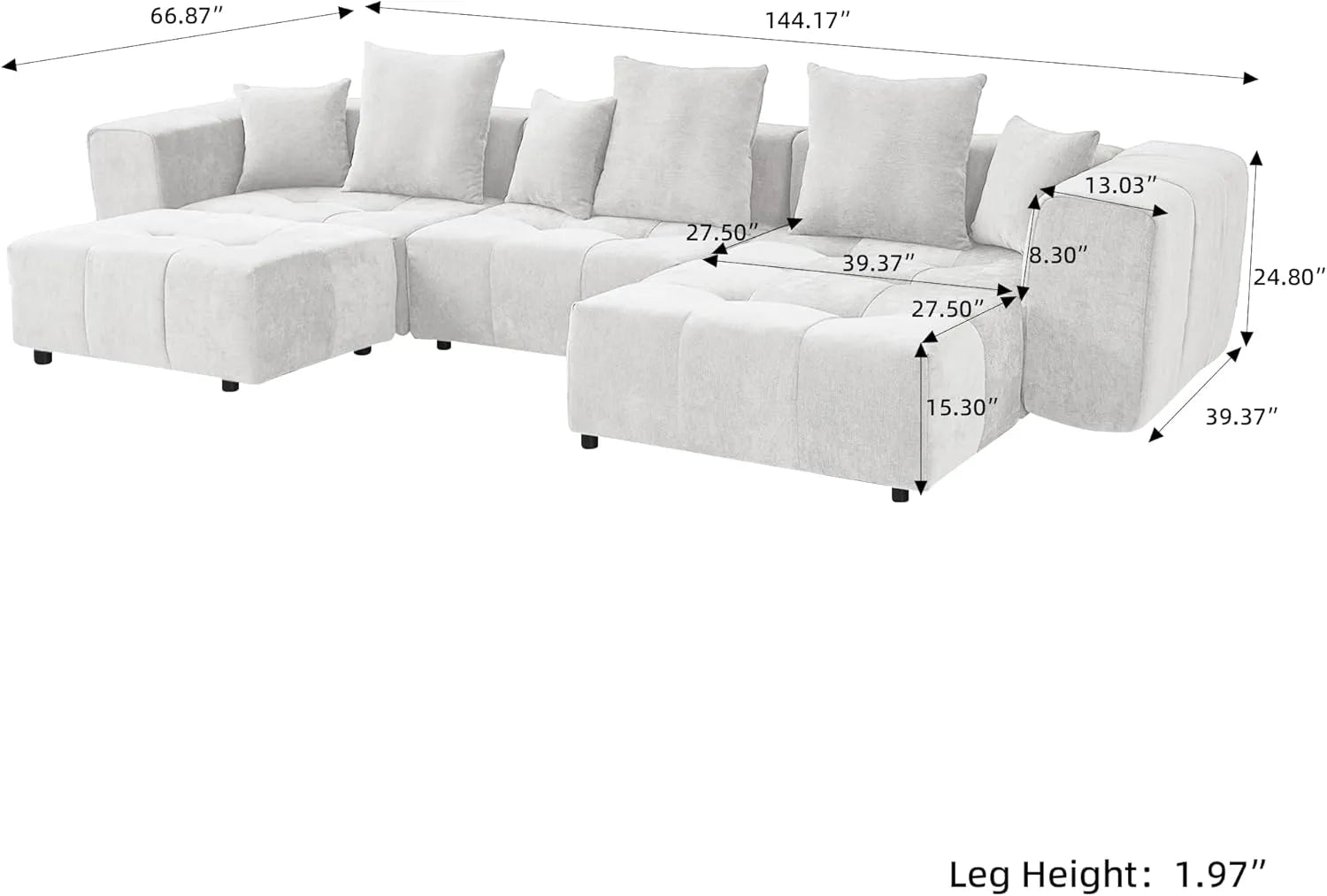 Seccional Matrix de 3 plazas en forma de U en lino blanco | 5 piezas (incluye 2 otomanas), asientos para sala familiar, diseño modular