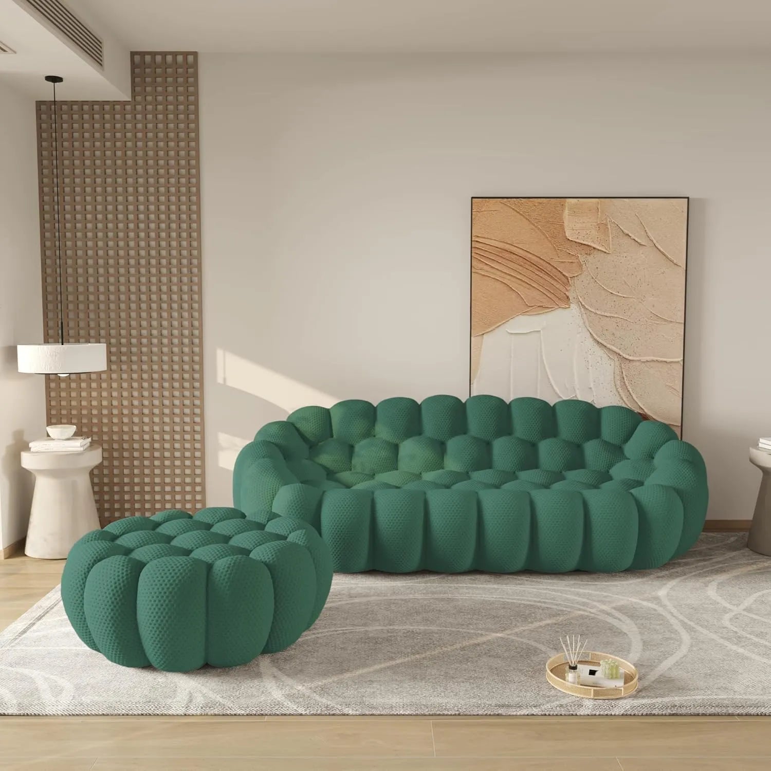Seccionales en L Essential de 3 asientos de tela tejida 3D verde | 2 piezas (incluye 1 otomana), tela tejida 3D, diseño compacto