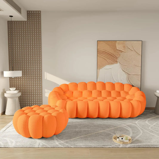 Essential Floor Sofas | 2-Piece Orange 3D Knitted Fabric L shaped Sectionals 3-seaters