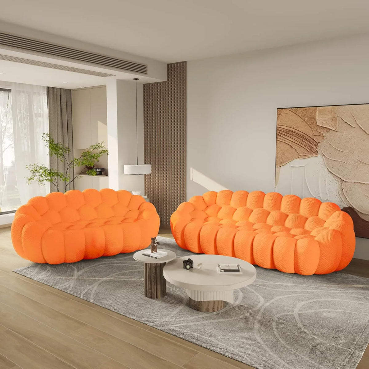 Seccionales Esenciales de 5 plazas en forma de V de tela tejida 3D de color naranja | 2 piezas, tela tejida 3D, diseño compacto