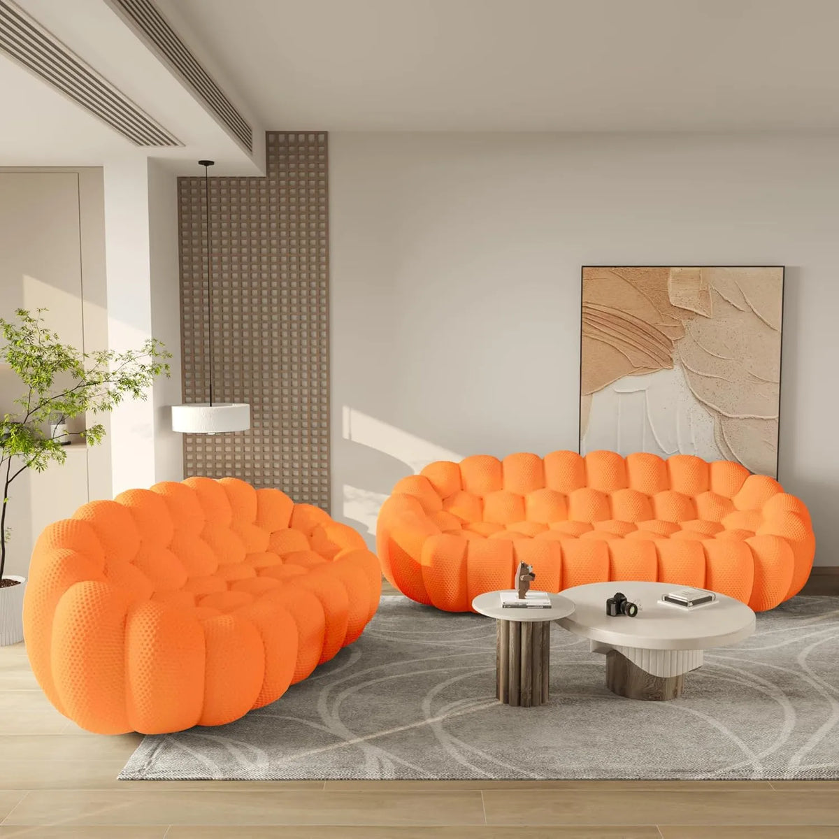 Seccionales Esenciales de 5 plazas en forma de V de tela tejida 3D de color naranja | 2 piezas, tela tejida 3D, diseño compacto
