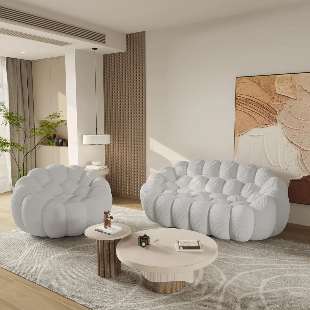 Sofás de suelo esenciales | Conjunto de sofás de 2 piezas de 3 plazas en tejido de punto 3D gris claro