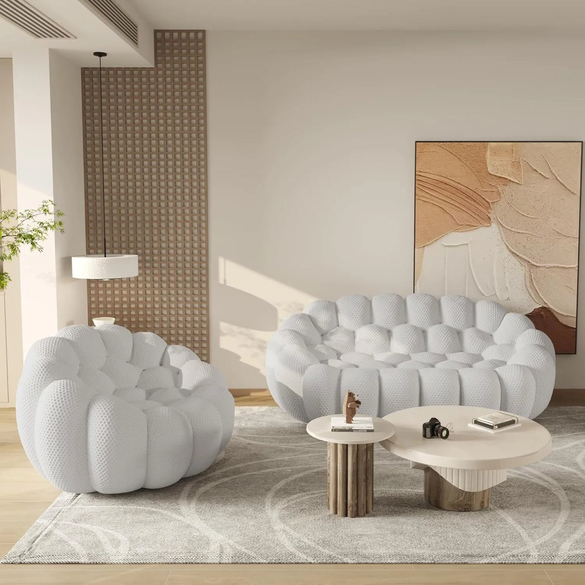 Sofás de suelo esenciales | Conjunto de sofás de 2 piezas de 3 plazas en tejido de punto 3D gris claro