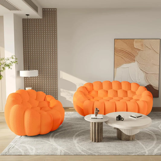 Essential Floor Sofas | 2-Piece Orange 3D Knitted Fabric Sofa Sets 3-seaters