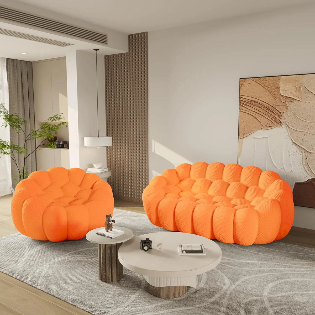 Seccional en L esencial de 3 plazas con tela tejida en 3D de color naranja | 2 piezas, tela tejida en 3D, diseño compacto