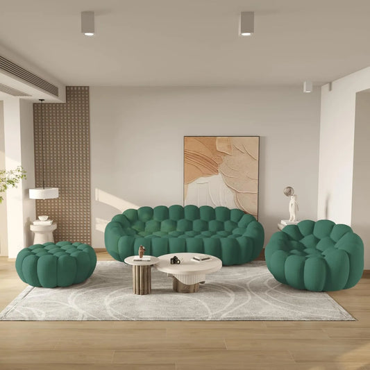Essential Floor Sofas | Green 3D Knitted Fabric L shaped Sectionals 4-seaters with 1 Ottoman