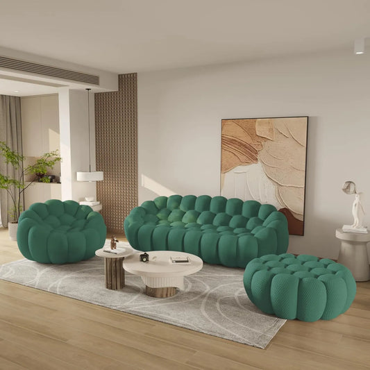 Essential Floor Sofas | Green 3D Knitted Fabric L shaped Sectionals 4-seaters with 1 Ottoman