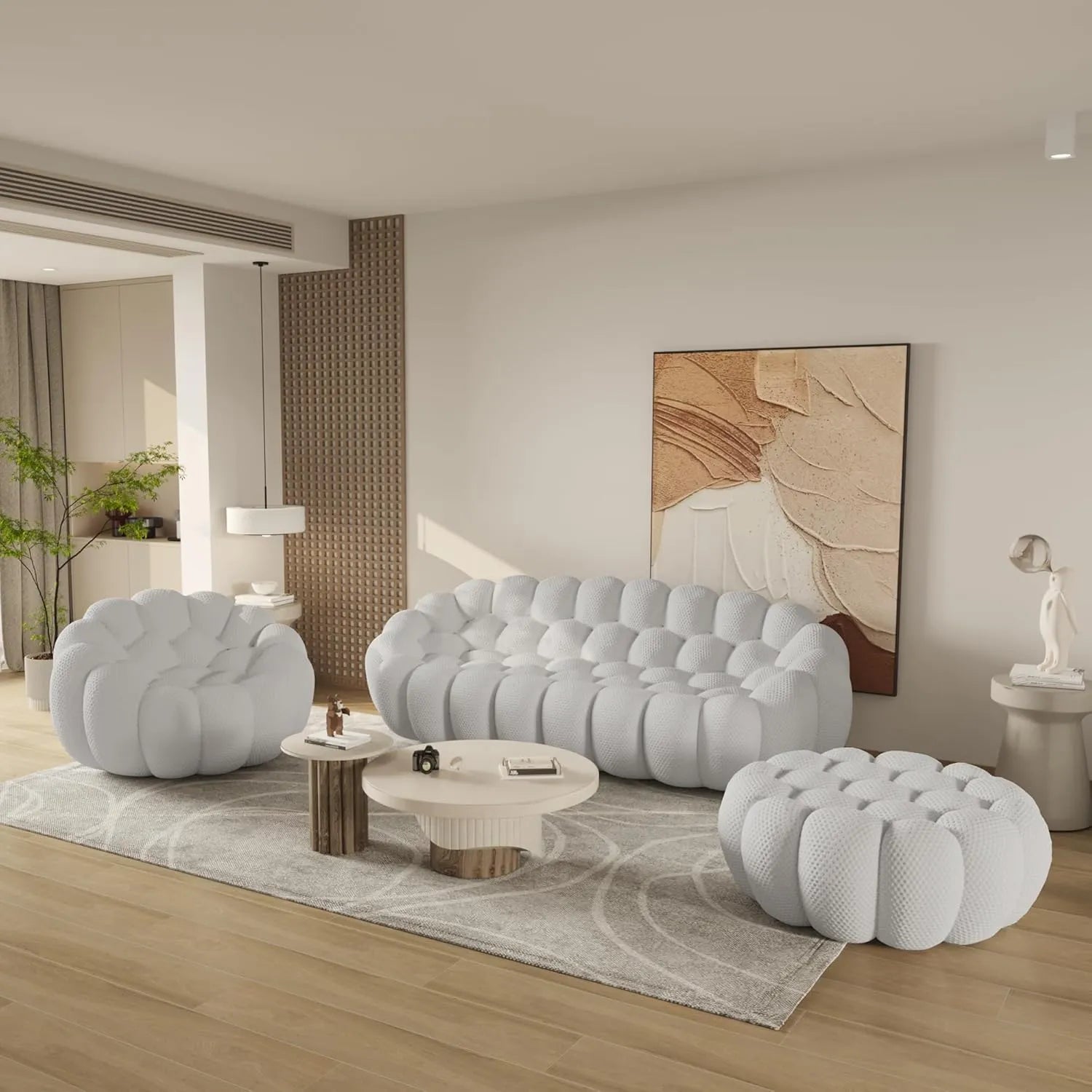 Essential 4-Seater light-grey 3D-Knitted Fabric Sofa Sets | 3-Piece (includes 1 Ottoman), 3D-Knitted Fabric, Large Space