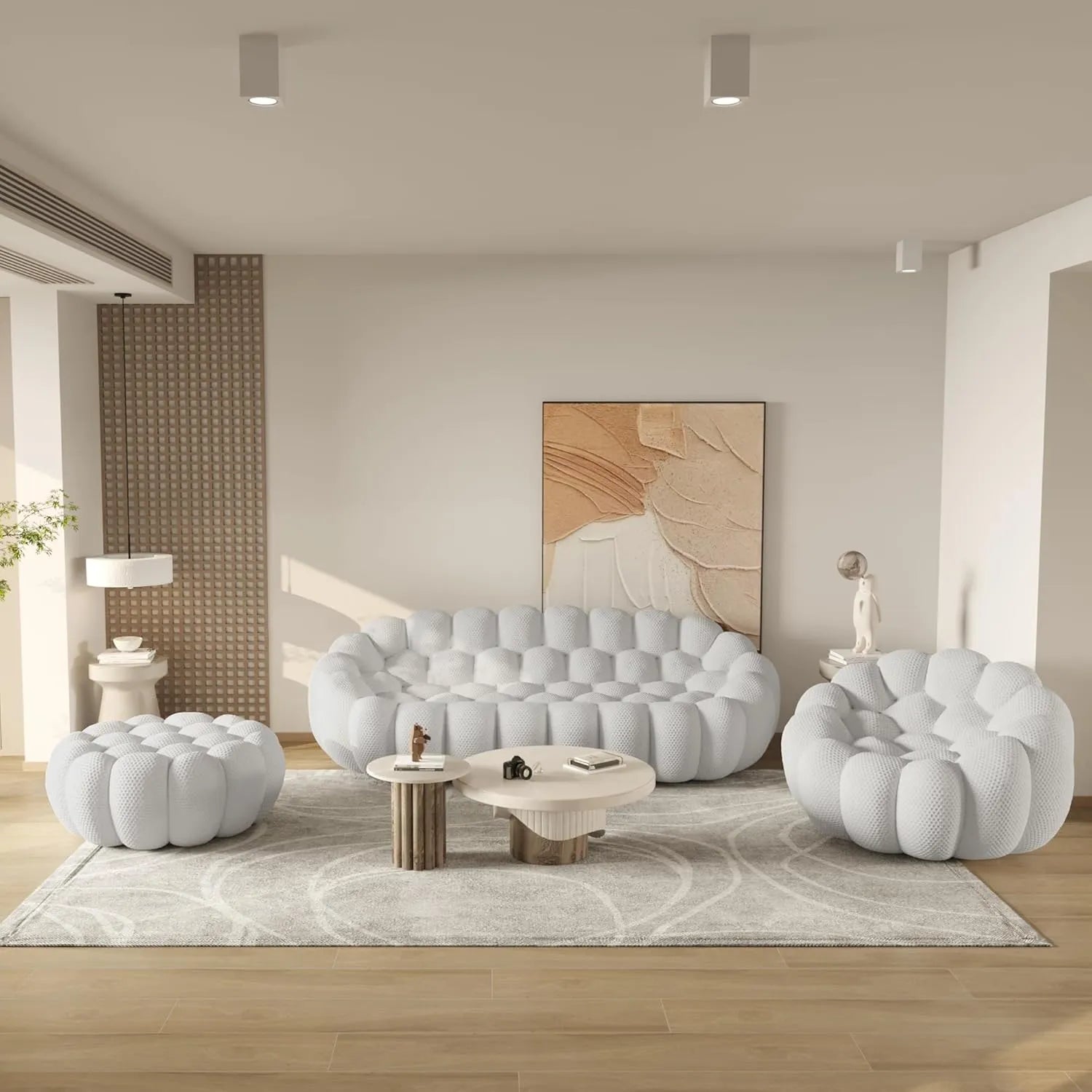 Essential 4-Seater light-grey 3D-Knitted Fabric Sofa Sets | 3-Piece (includes 1 Ottoman), 3D-Knitted Fabric, Large Space