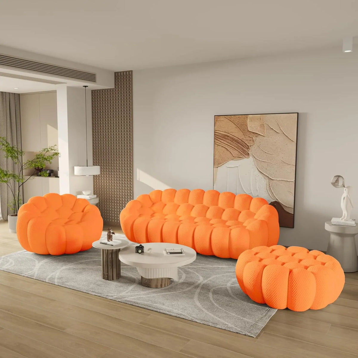 Essential 4-Seater orange 3D-Knitted Fabric Sofa Sets | 3-Piece (includes 1 Ottoman), 3D-Knitted Fabric, Compact Design