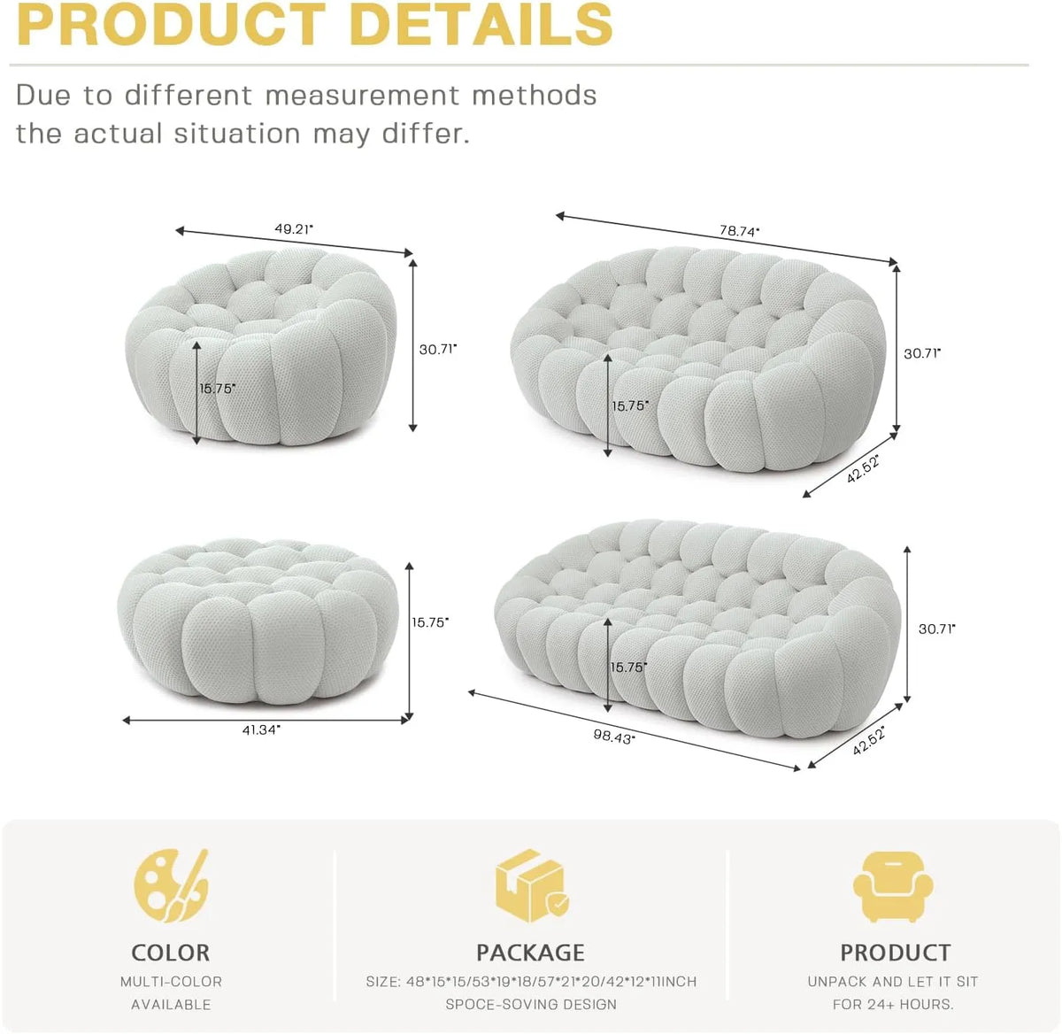 Sofás de suelo esenciales | Sofá individual de 1 plaza, color gris claro, tejido de punto 3D