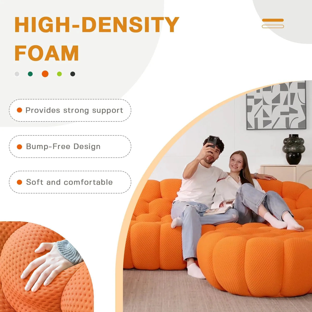 Sofás Seccionales Esenciales de 3 Plazas en Tela Tejida 3D Naranja | 1 Pieza, Tela Tejida 3D, Ideal para Apartamentos
