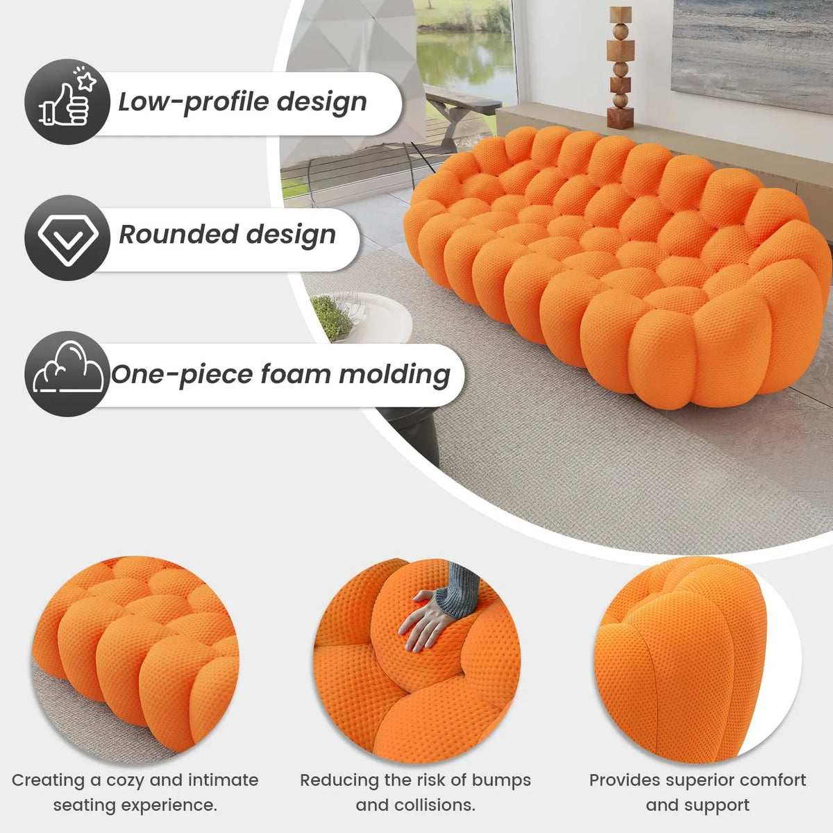 Sofás Seccionales Esenciales de 3 Plazas en Tela Tejida 3D Naranja | 1 Pieza, Tela Tejida 3D, Ideal para Apartamentos