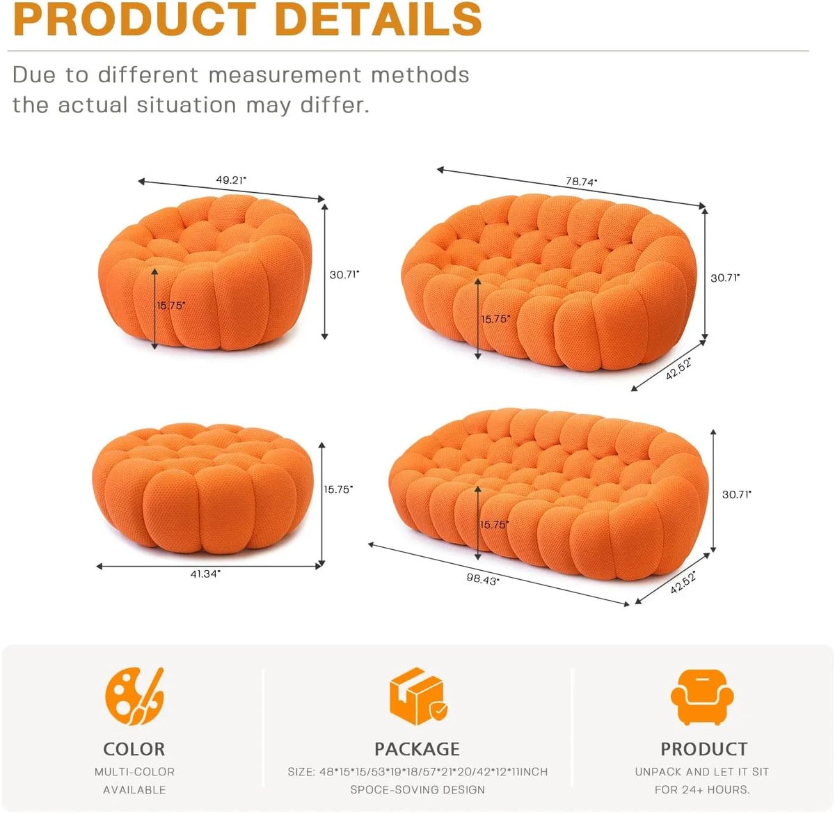 Sofás Seccionales Esenciales de 3 Plazas en Tela Tejida 3D Naranja | 1 Pieza, Tela Tejida 3D, Ideal para Apartamentos