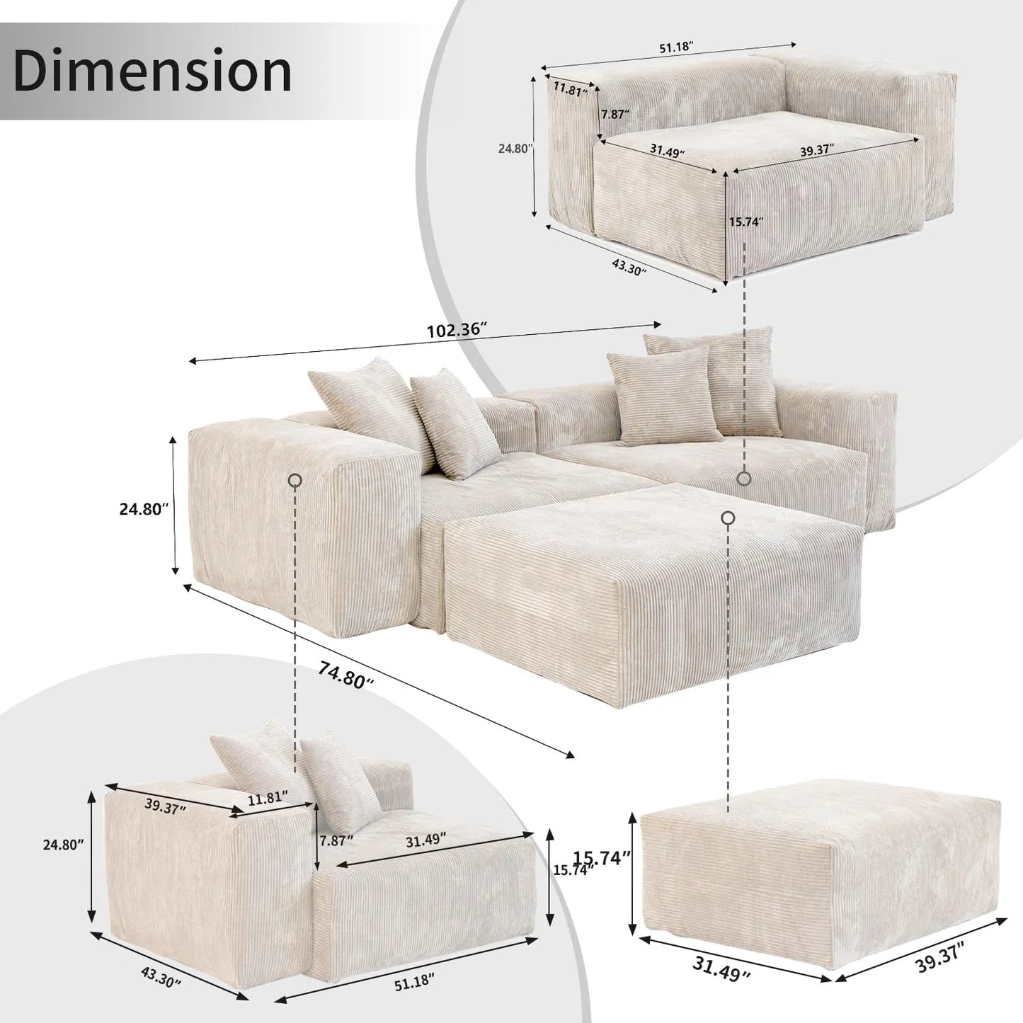 Matrix Modern Modular Sofas | Beige Corduroy Loveseats 2-seaters With Ottoman