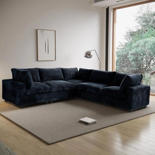 Deluxe Classic Cloud Sectional Sofas | Black Plush Fabric U shaped Sectionals 5-seaters
