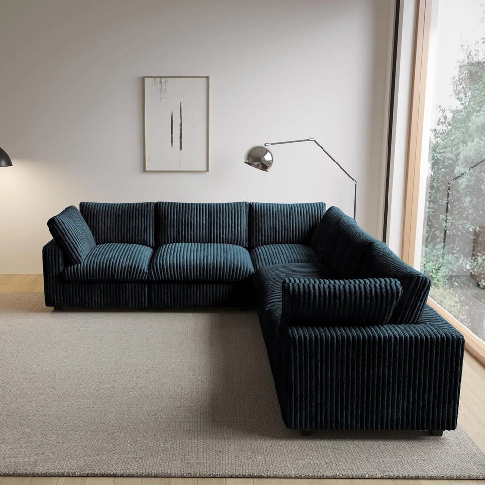 Deluxe Classic Cloud Sectional Sofas | Black Plush Fabric U shaped Sectionals 5-seaters