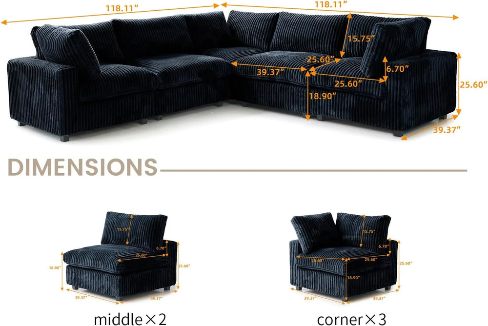 Deluxe Classic Cloud Sectional Sofas | Black Plush Fabric U shaped Sectionals 5-seaters