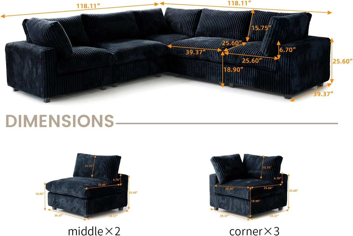 Sofá seccional Deluxe Cloud de 5 plazas, color negro, lavable, en forma de V | 5 piezas, tela de felpa, diseño modular