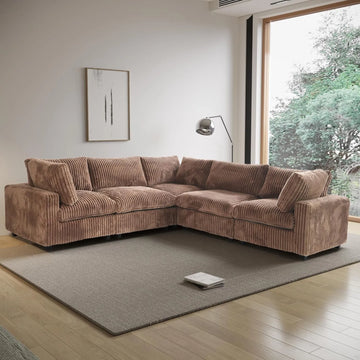 Sofá seccional Deluxe Cloud de 5 plazas, color marrón, lavable, en forma de V | 5 piezas, tela de felpa, diseño modular