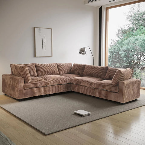 Deluxe Cloud 5-Seater Brown Washable V-Shaped Sectional | 5-Piece, Plush Fabric, Modular Design