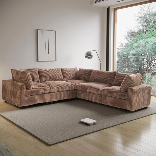 Deluxe Classic Cloud Sectional Sofas | Brown Plush Fabric U shaped Sectionals 5-seaters