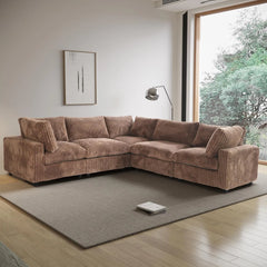 Deluxe Classic Cloud Sectional Sofas | Brown Plush Fabric U shaped Sectionals 5-seaters