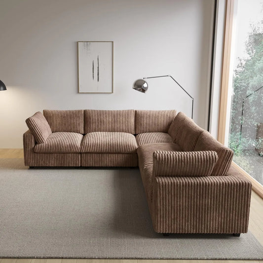 Deluxe Classic Cloud Sectional Sofas | Brown Plush Fabric U shaped Sectionals 5-seaters