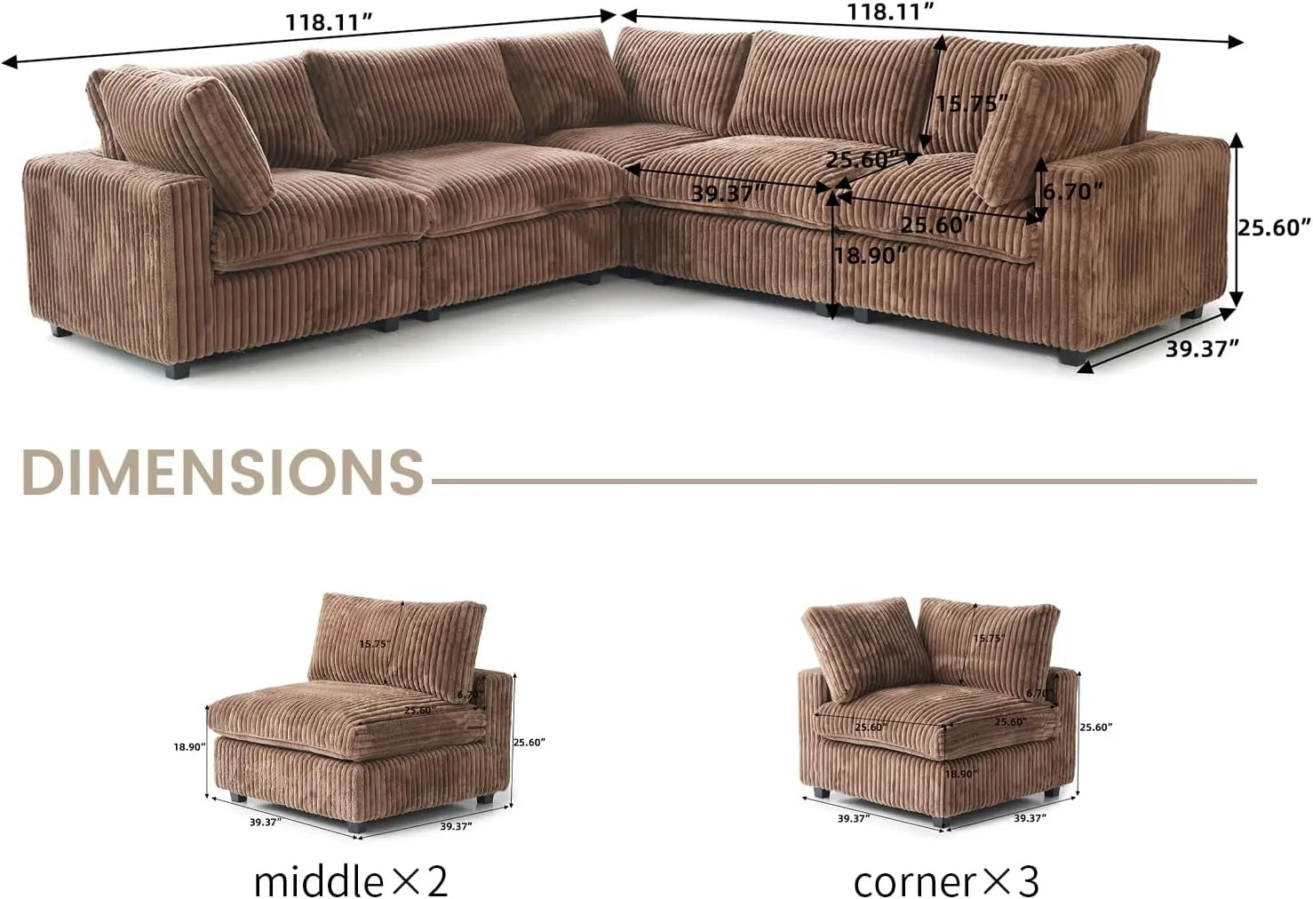 Sofá seccional Deluxe Cloud de 5 plazas, color marrón, lavable, en forma de V | 5 piezas, tela de felpa, diseño modular