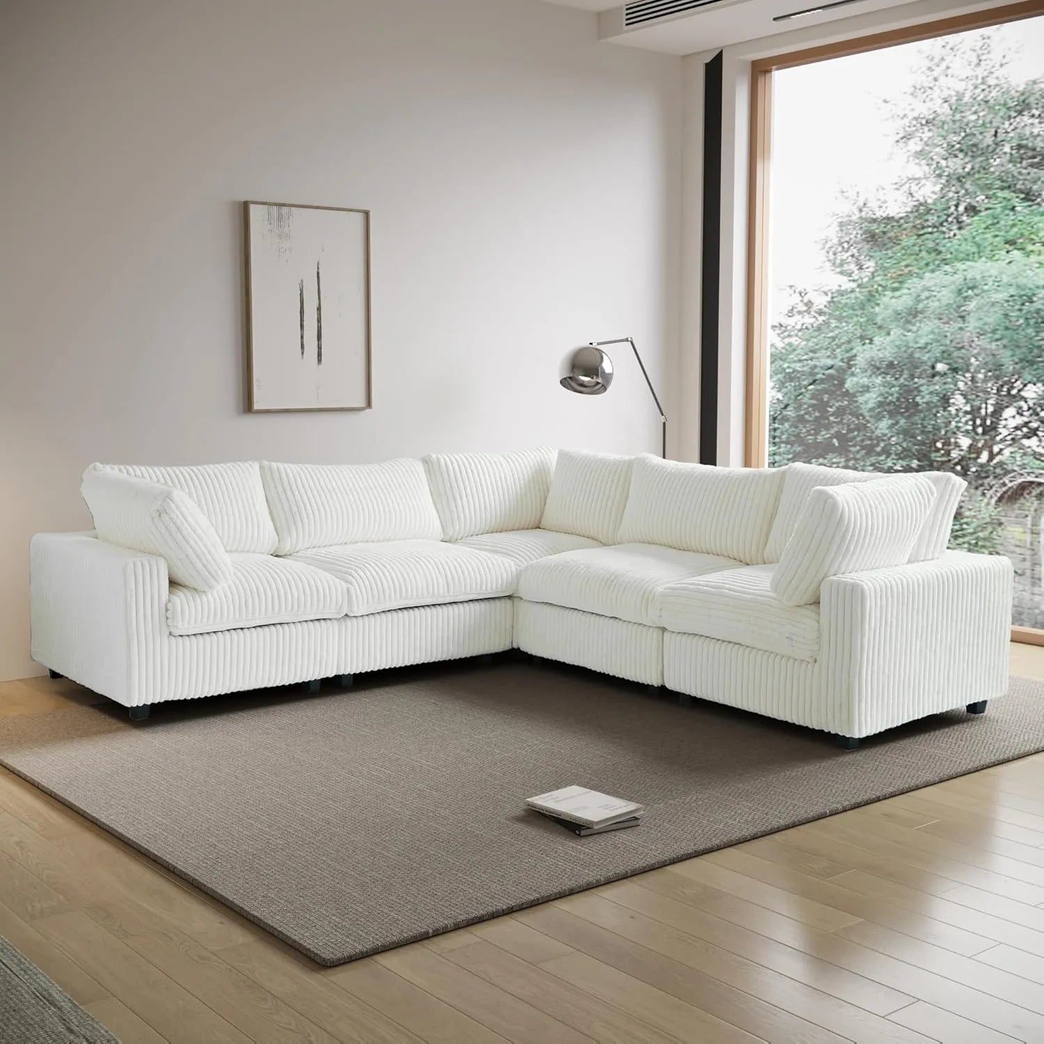 Sofá seccional Deluxe Cloud de 5 plazas, color beige, lavable, en forma de V | 5 piezas, tela de felpa, diseño modular