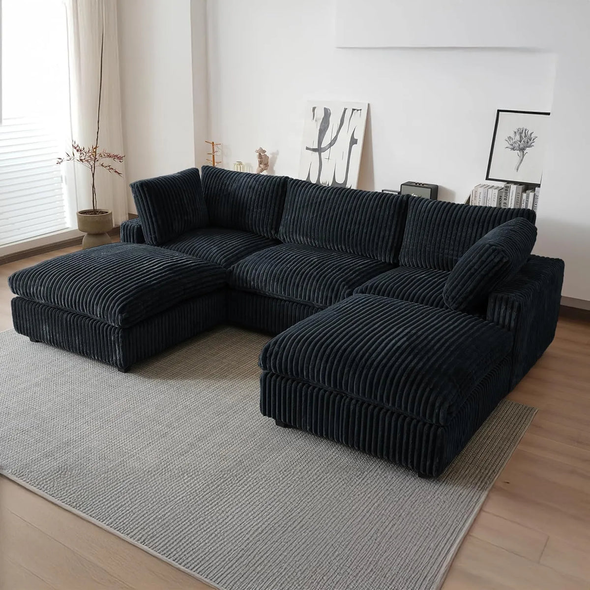 Deluxe Cloud 3-Seater Black Washable U-Shaped Sectional | 5-Piece (includes 2 Ottomans), Plush Fabric, Modular Design