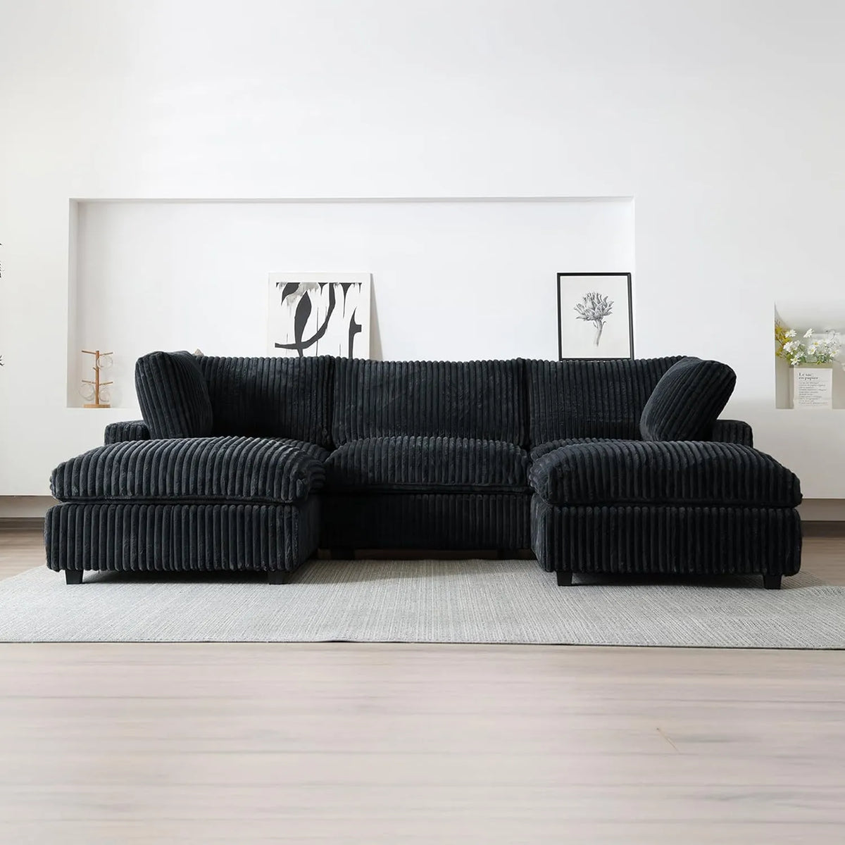 Deluxe Cloud 3-Seater Black Washable U-Shaped Sectional | 5-Piece (includes 2 Ottomans), Plush Fabric, Modular Design