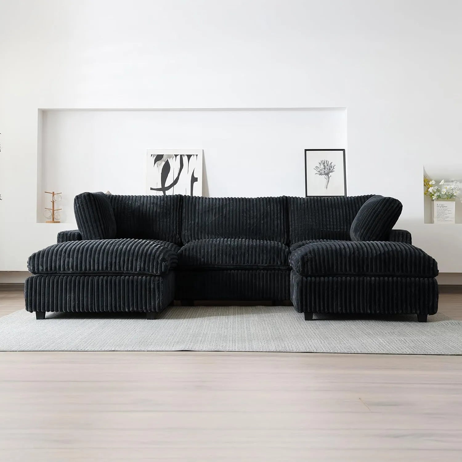 Sofá modular modular Deluxe Cloud de 3 plazas, color negro, lavable, en forma de U | 5 piezas (incluye 2 otomanas), tejido de felpa, diseño modular