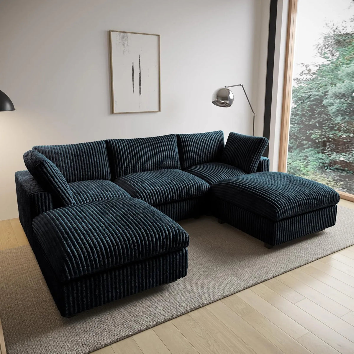 Deluxe Cloud 3-Seater Black Washable U-Shaped Sectional | 5-Piece (includes 2 Ottomans), Plush Fabric, Modular Design